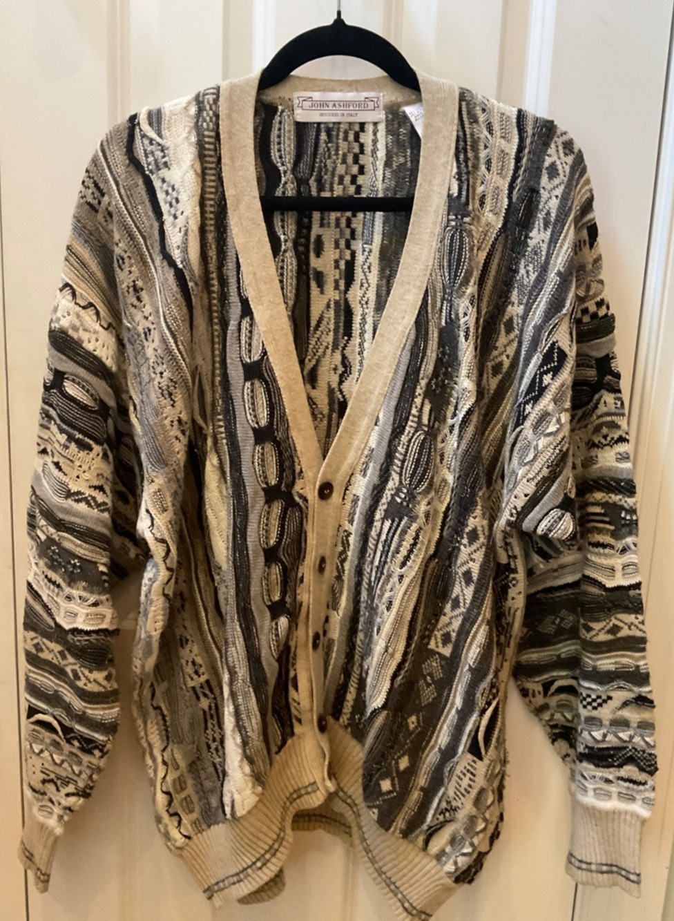 Vintage John Ashford Coogi Style 3D Knit Cardigan Sweater Mens XL Grandpacore
